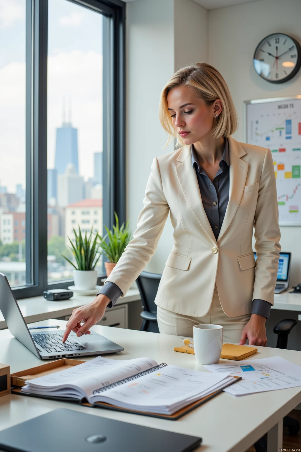 A professional woman in a beige suit is working at her desk in an office with a cityscape view.