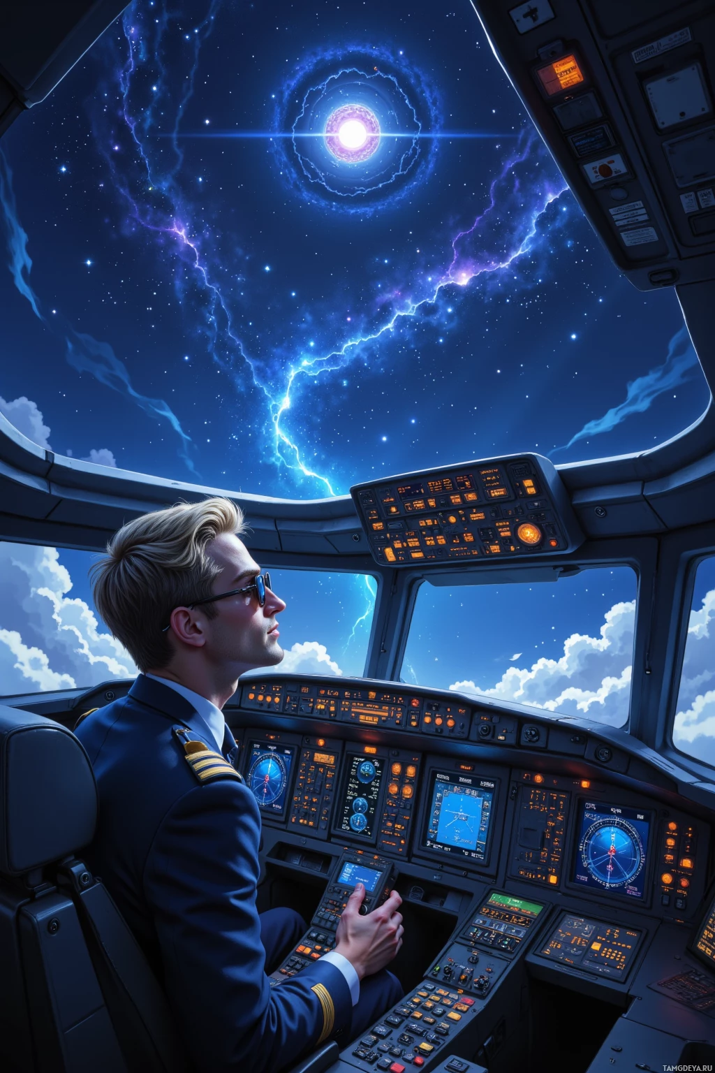 A pilot in a cockpit with a view of a cosmic scene outside.