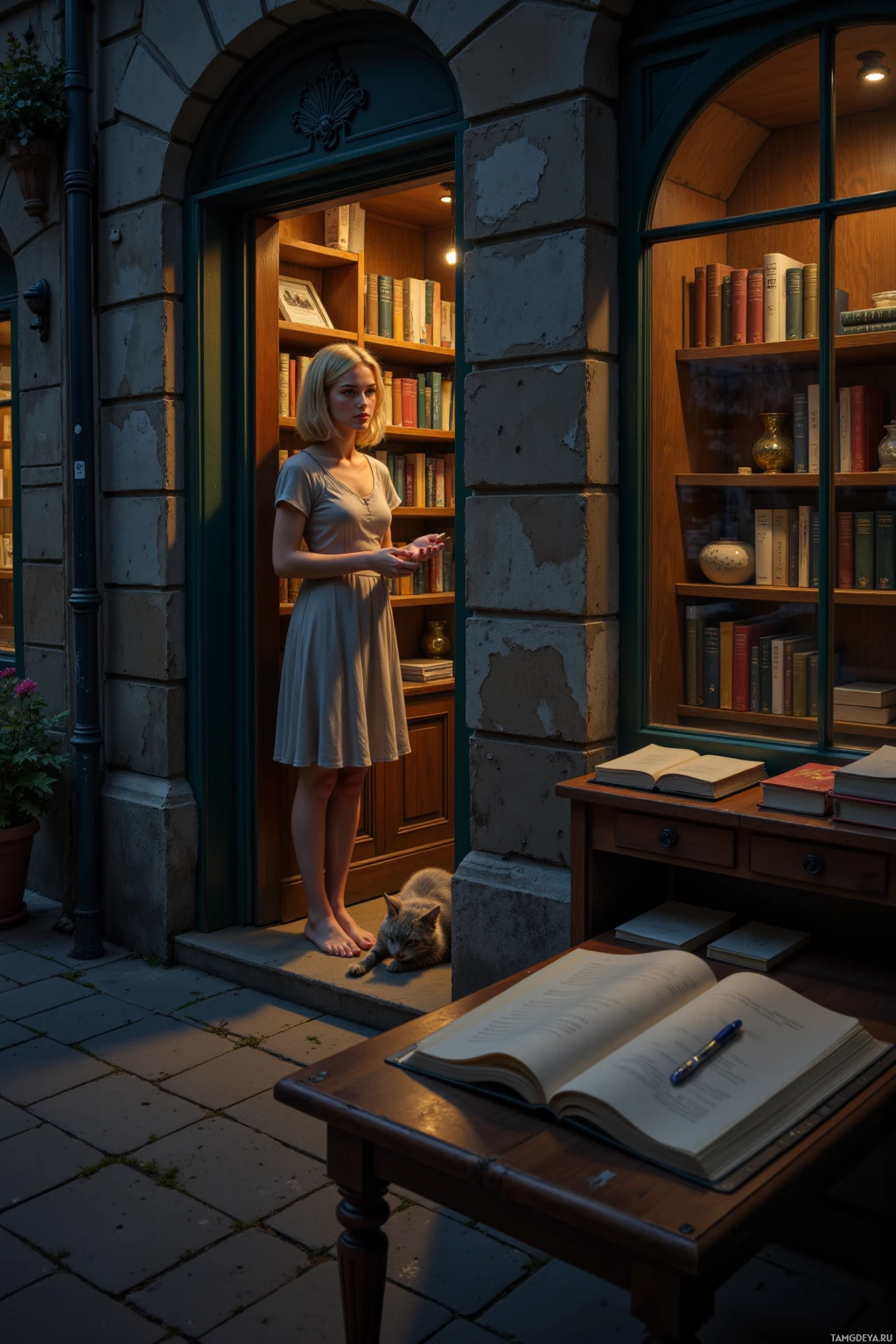 A woman stands in a doorway, holding a book, with a cat lying on the ground nearby and a book open on a table in front of her.