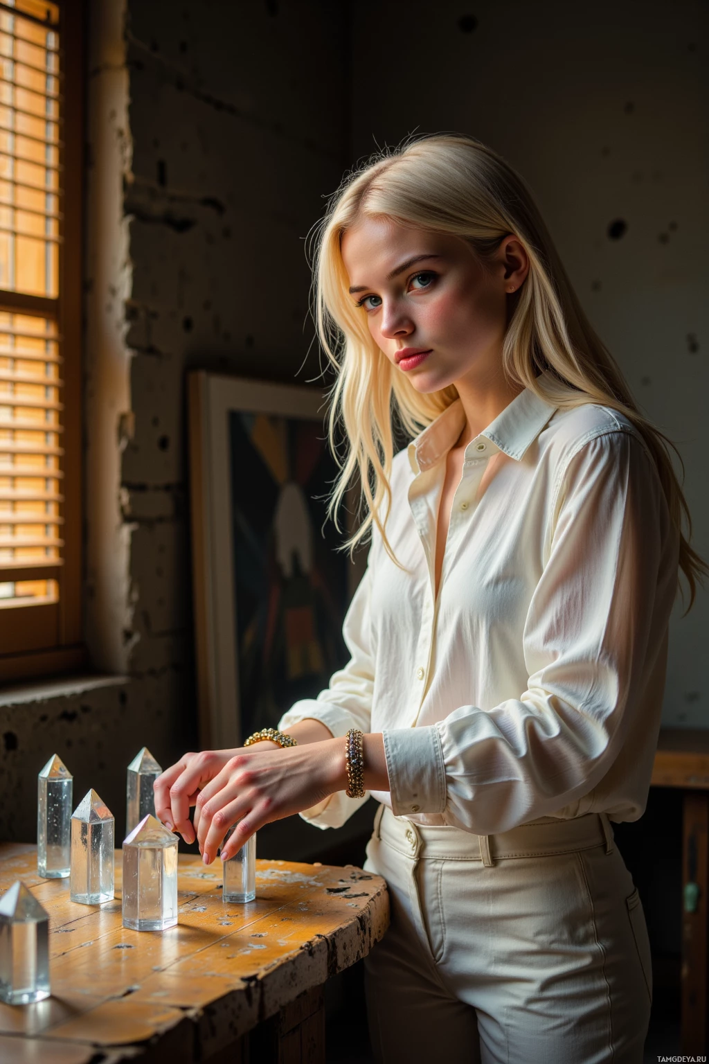A woman in a white shirt stands beside a table with glass objects, in a room with a window and a painting.