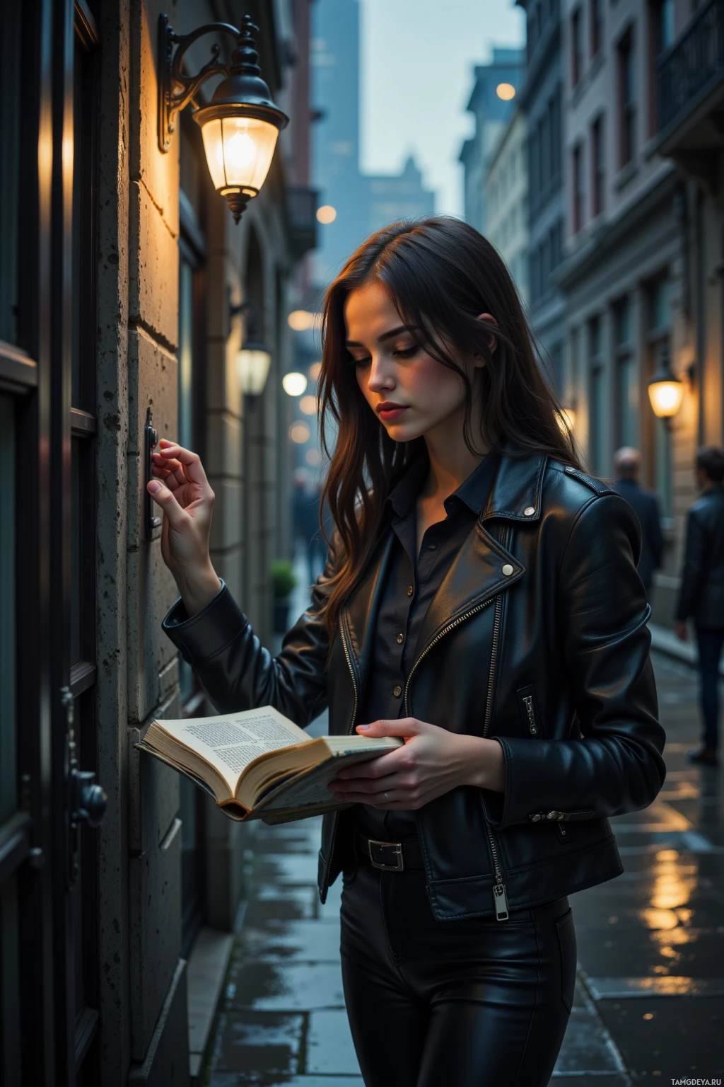 A woman in a leather jacket reads a book on a city street at dusk.