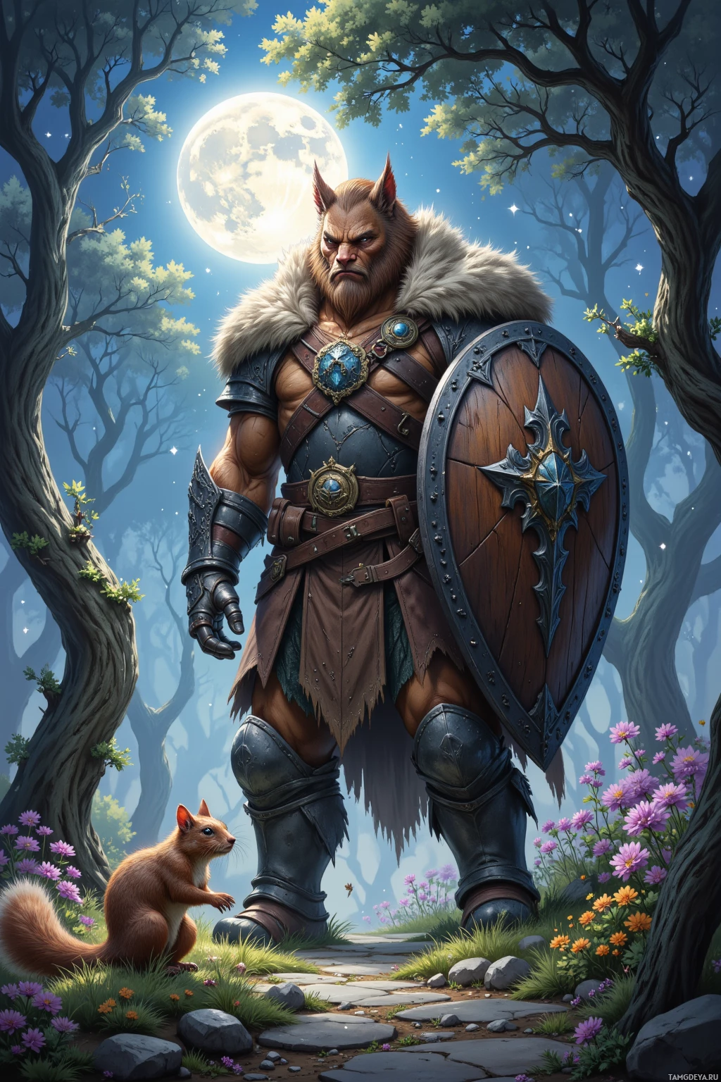 A muscular warrior in armor stands in a forest under a full moon, with a squirrel at his feet.