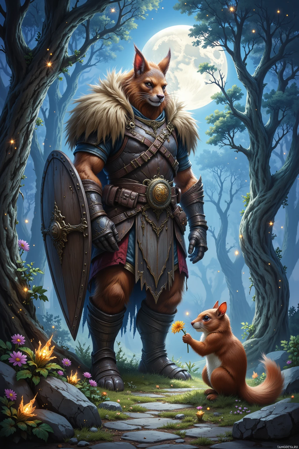 A fantasy warrior in armor stands beside a squirrel holding a flower, set against a moonlit forest backdrop.
