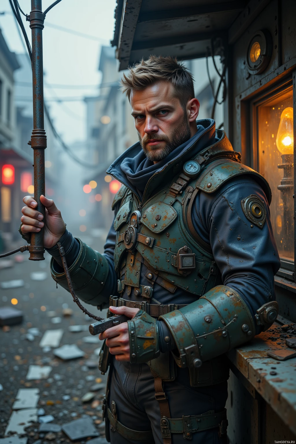 A man in a rugged, futuristic outfit stands in a dimly lit alleyway, holding a pole and a weapon.