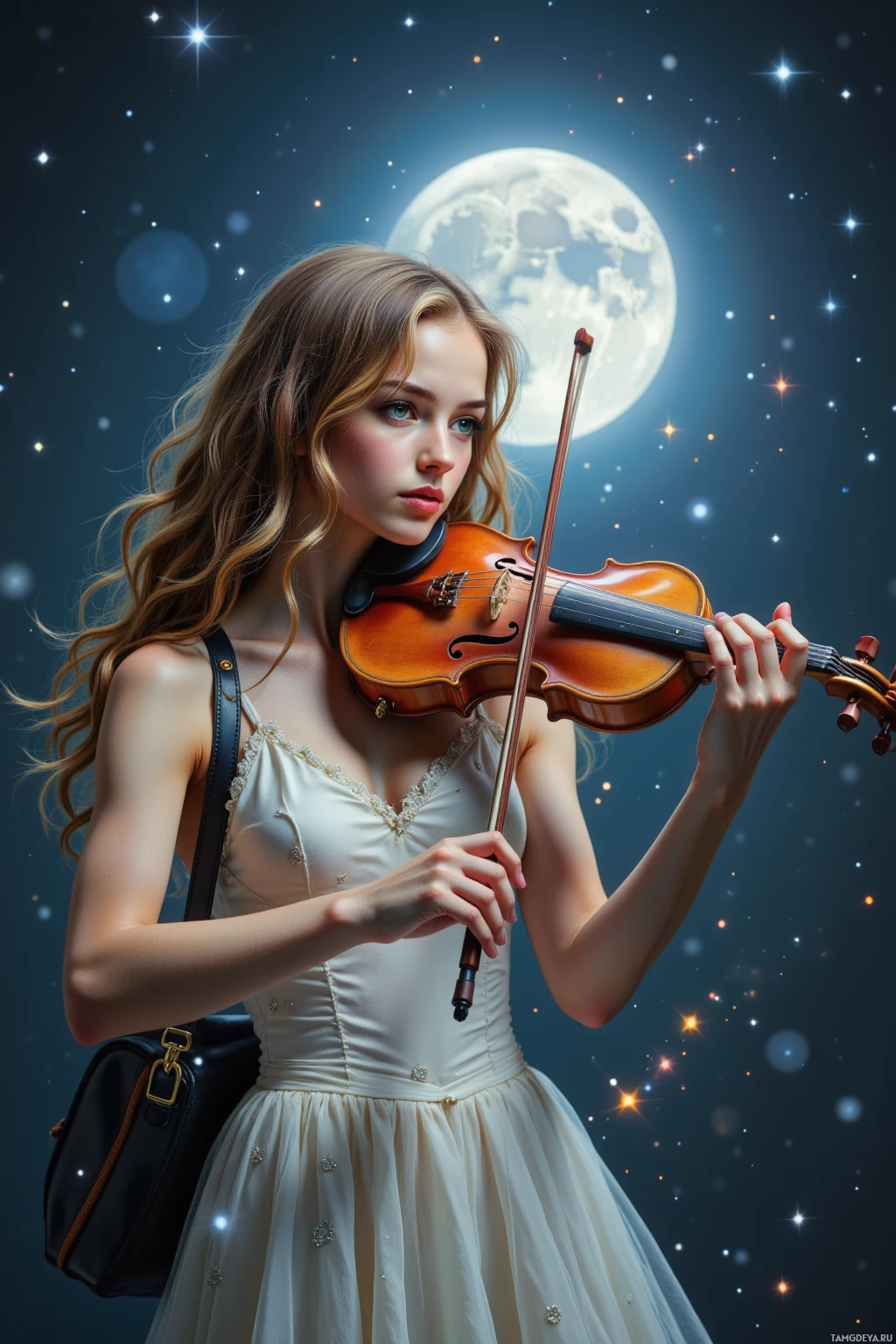 A young woman in a white dress plays a violin under a starry night sky with a full moon.