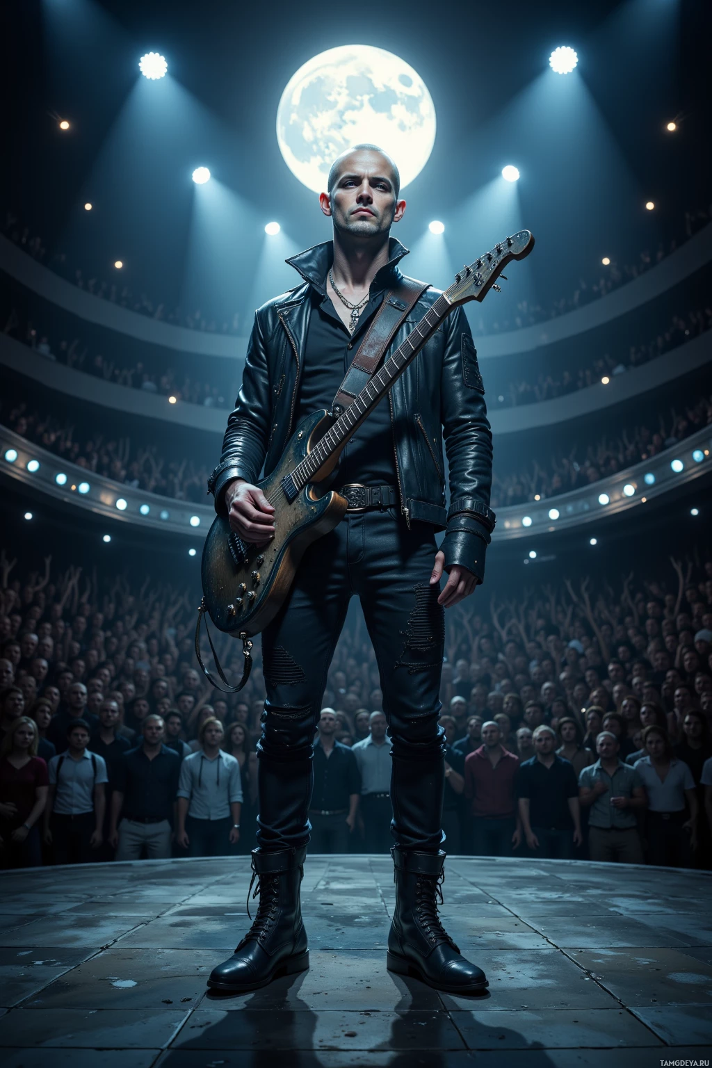 A musician stands on stage with a guitar, illuminated by spotlights against a backdrop of a large audience.
