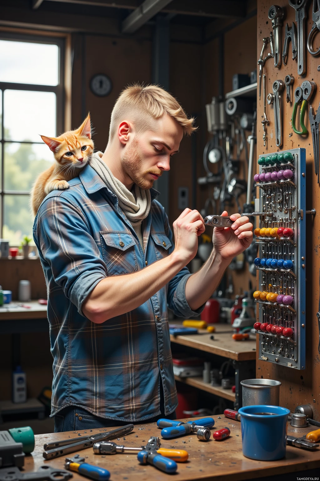 A man in a workshop with a cat on his shoulder is working on a small object.