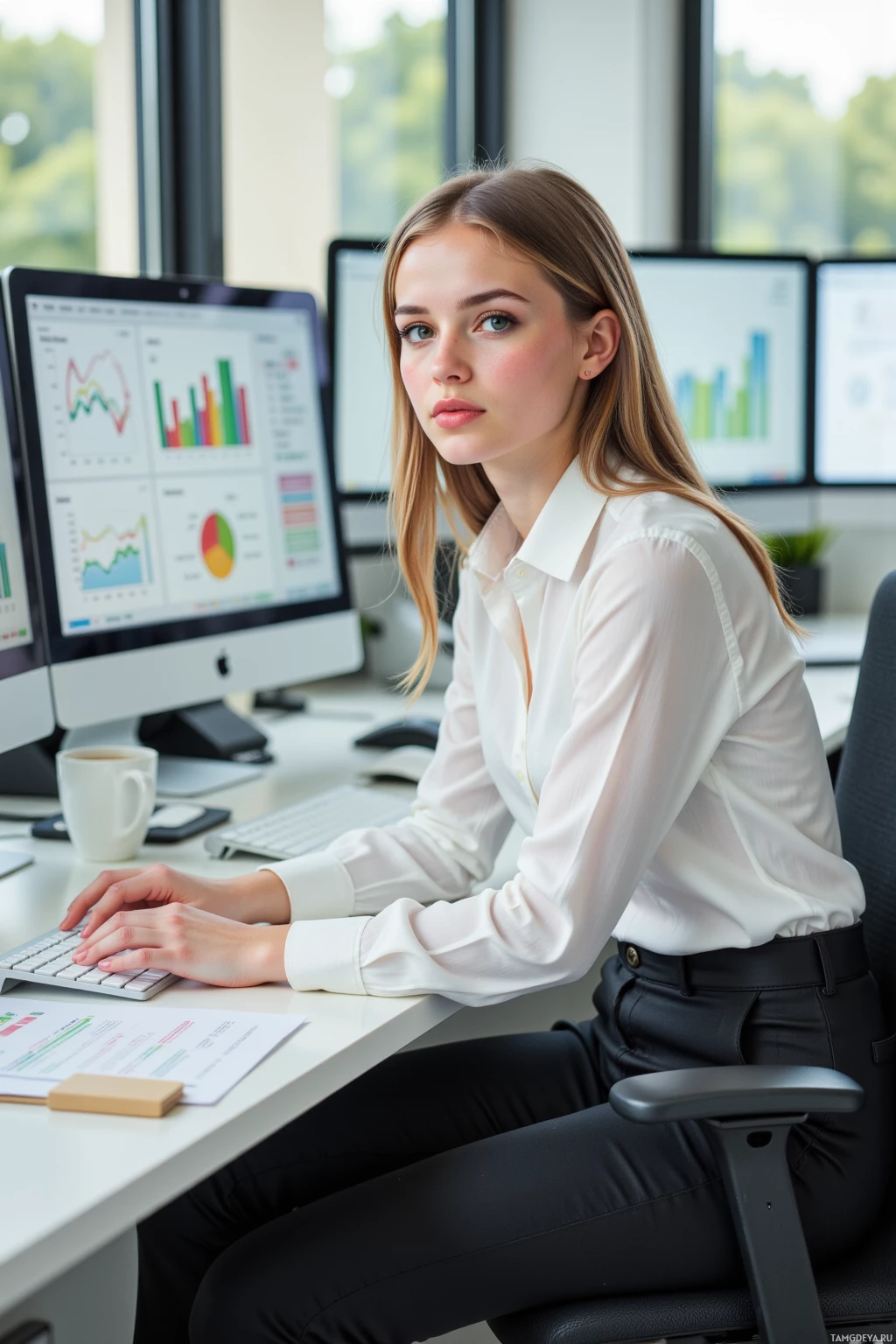 A woman in a white shirt sits at a desk with multiple computer monitors displaying graphs and data.