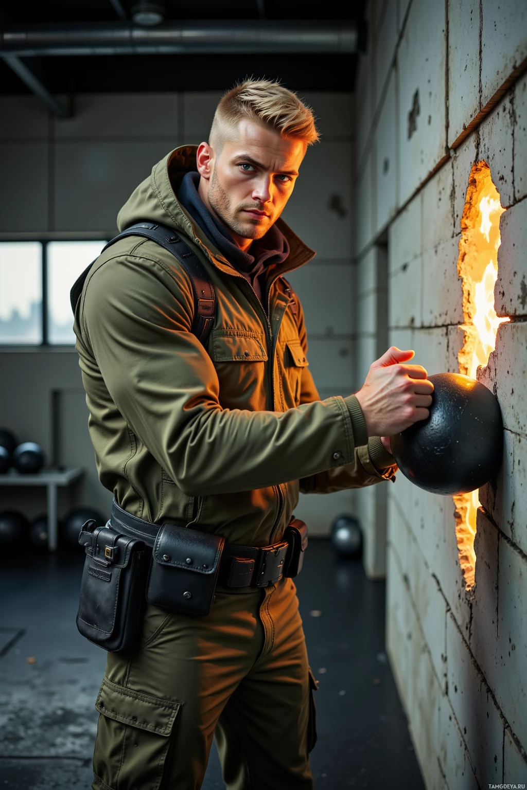 A man in a military-style outfit stands near a burning wall, holding a spherical object.