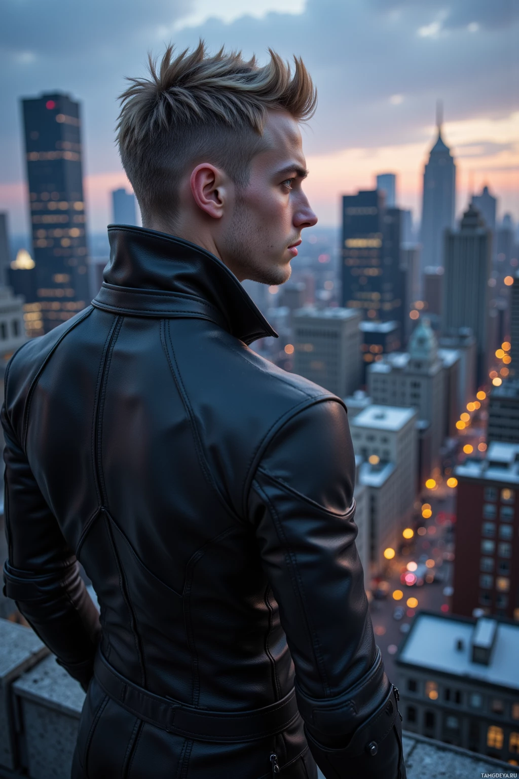 A man in a black leather jacket stands on a rooftop overlooking a cityscape at dusk.