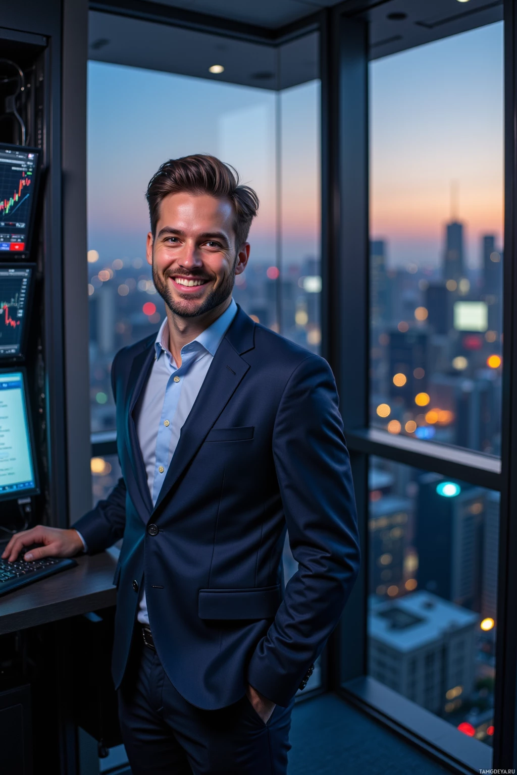 A man in a suit stands in an office with a cityscape view at dusk.