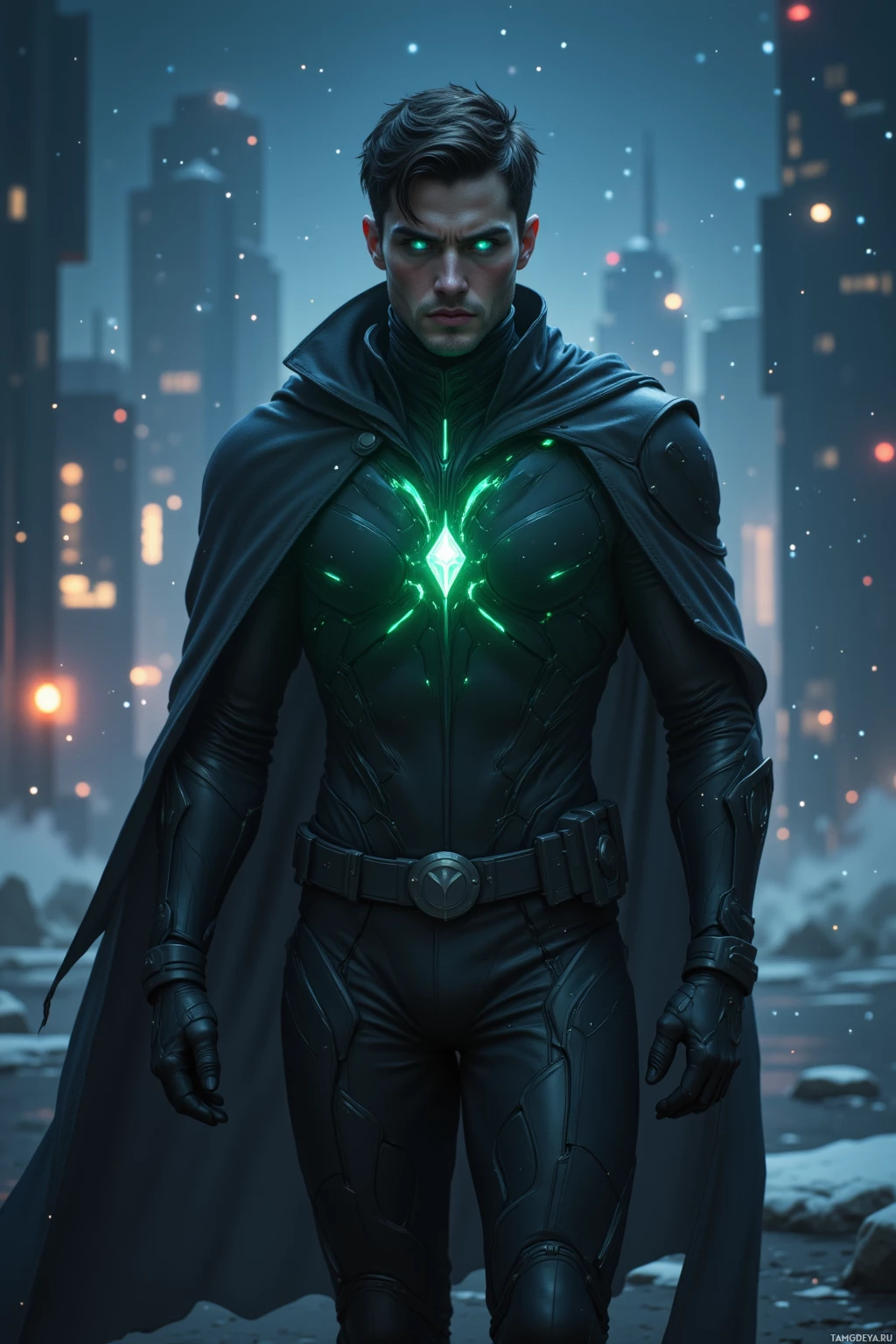 A figure in a dark, futuristic suit with glowing green accents stands against a cityscape backdrop.