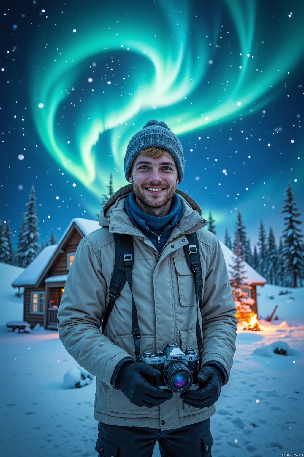 A person stands in a snowy landscape holding a camera, with a cabin and aurora borealis in the background.