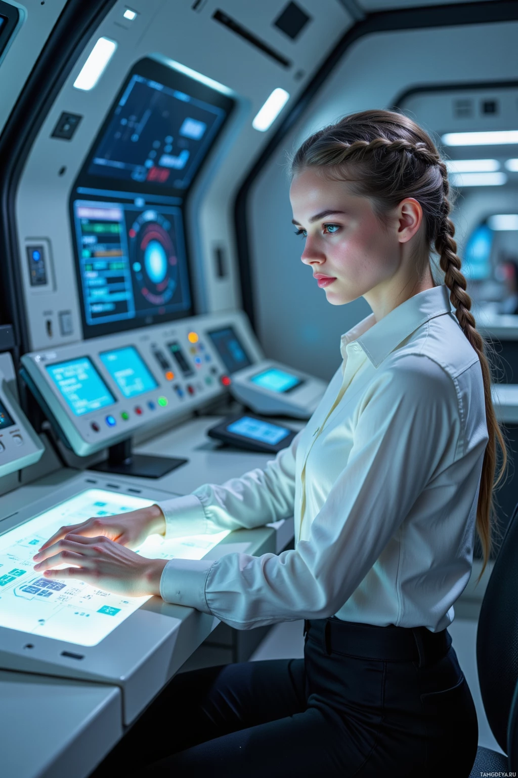 A person in a futuristic control room operates a high-tech console.