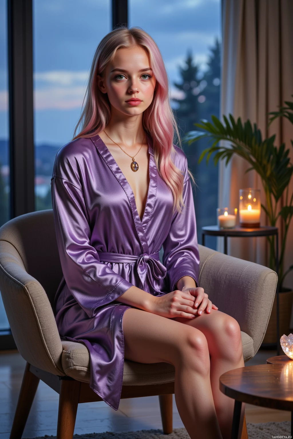 A woman in a purple satin robe sits on a chair by a window with a view of the sky.