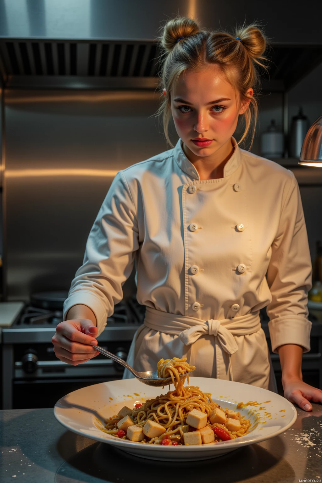 A chef in a white uniform holds a spoon over a plate of pasta.