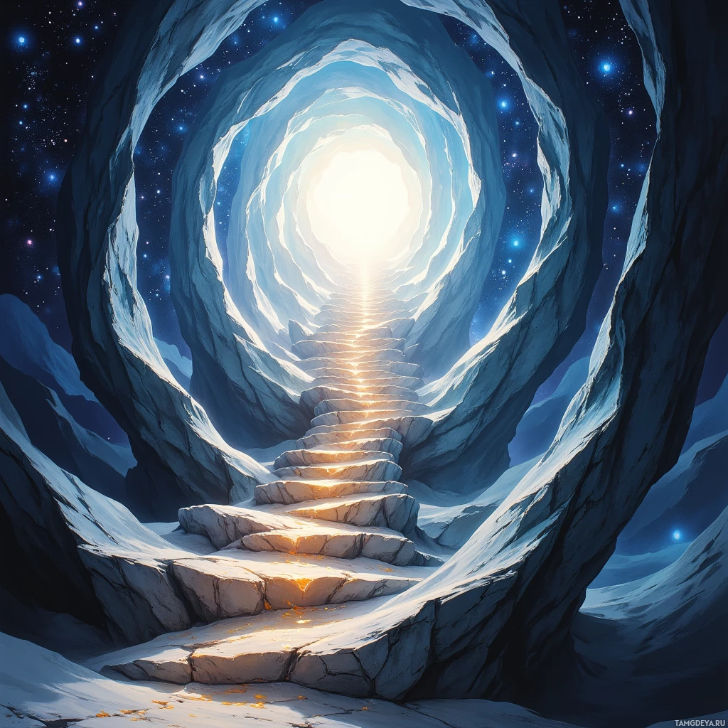 A glowing staircase leads through a celestial tunnel towards a bright light.