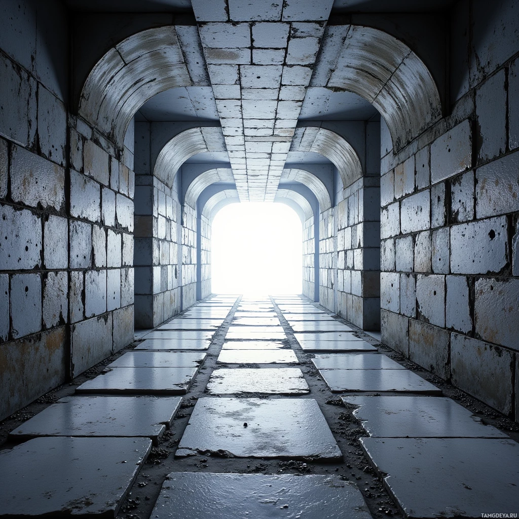 A dimly lit, stone corridor with arched ceilings leads to a bright light at the end.