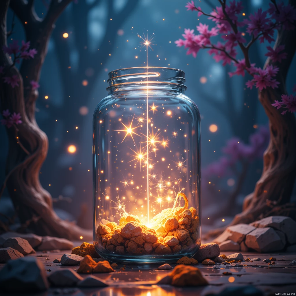 A glowing jar filled with sparkling lights sits on a forest floor amidst pink blossoms and rocks.