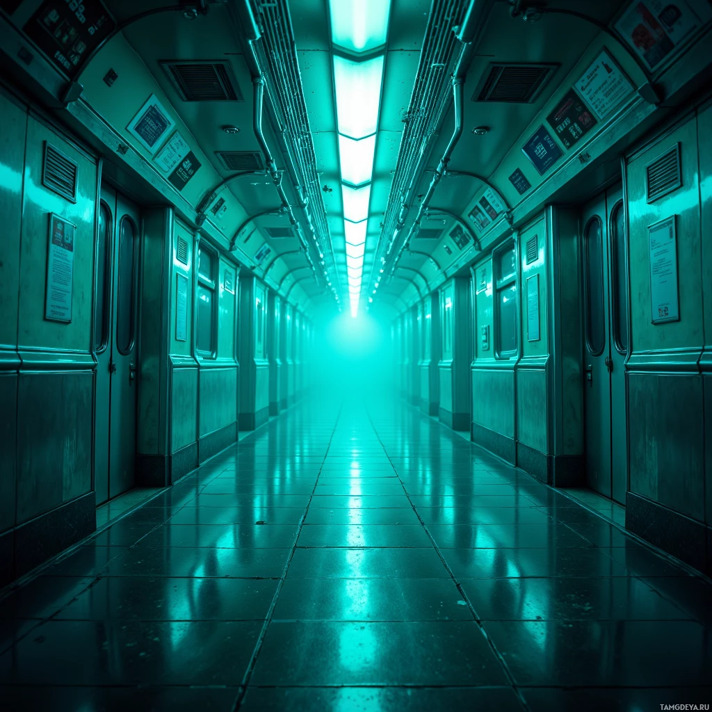 A long, dimly lit corridor with teal lighting and reflective floors.