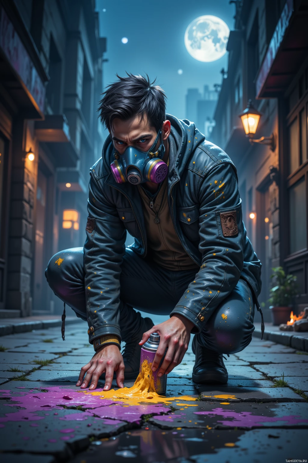 A person crouches on a street at night, spraying colorful paint onto the pavement.