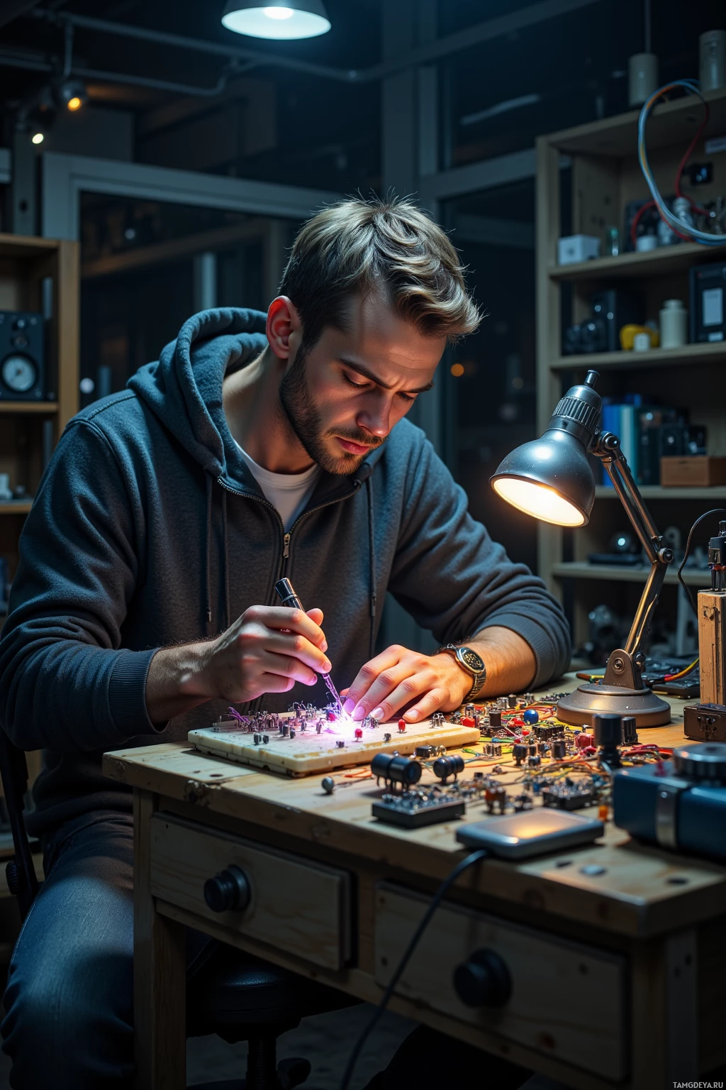 A person is working on an electronic project at a desk in a workshop.