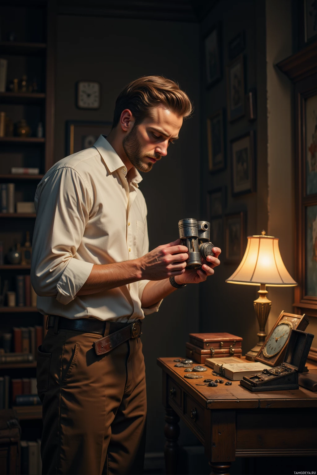 A man examines a vintage camera in a dimly lit room with a desk and bookshelf.
