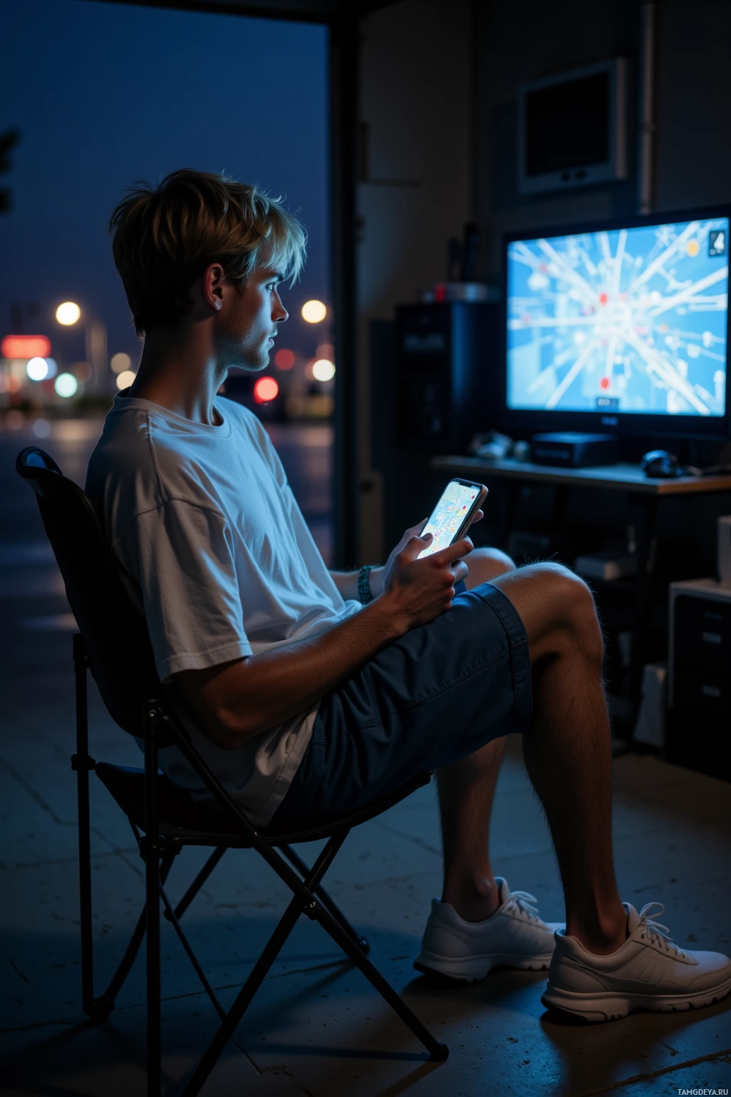 A person sits on a folding chair, looking out a window at a cityscape at night while holding a smartphone.