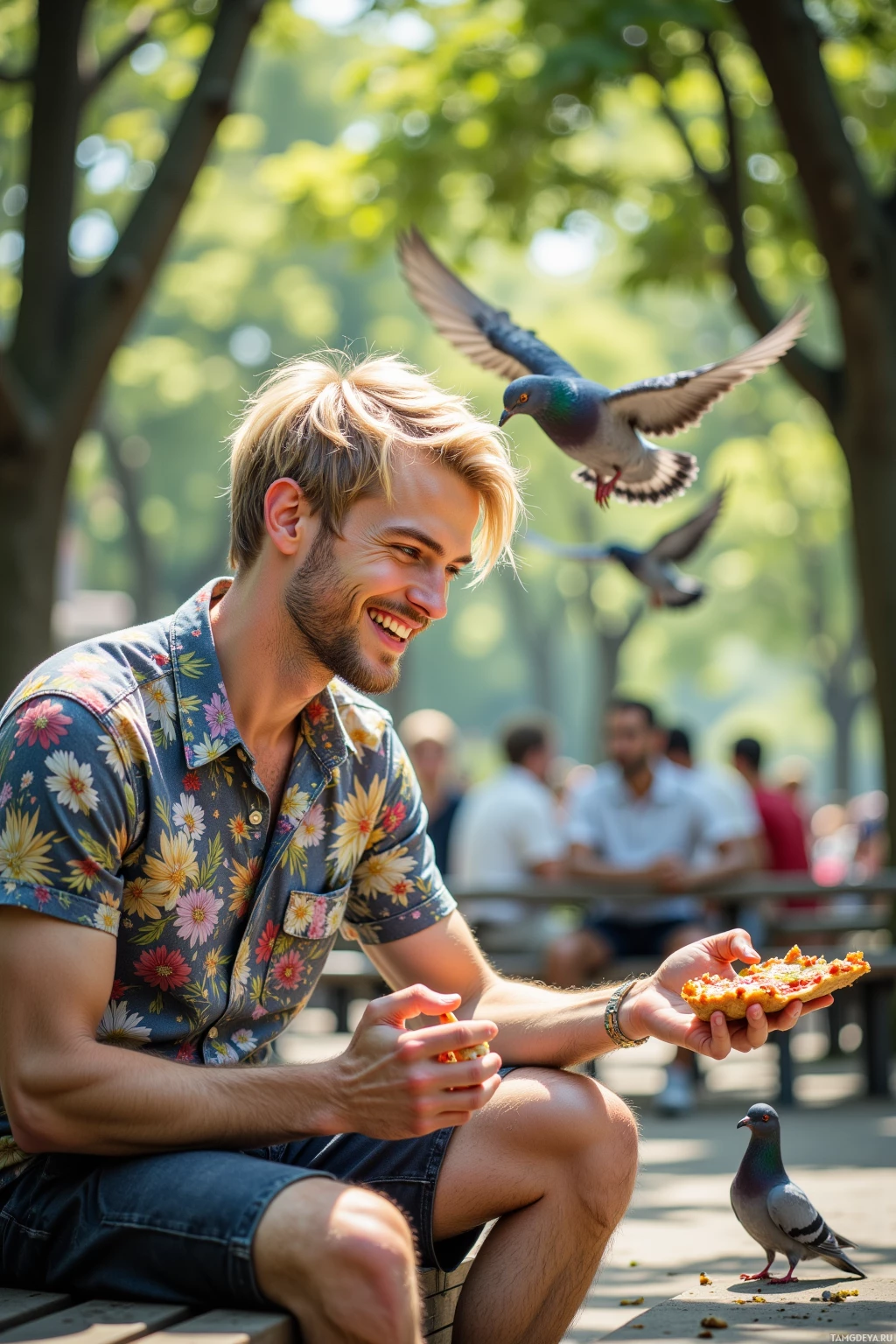 A man in a floral shirt sits on a bench, feeding pigeons in a park.
