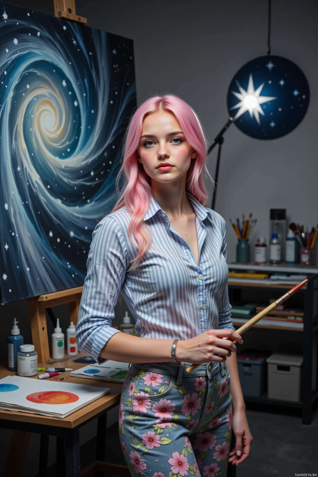 A person with pink hair stands in an art studio, holding a paintbrush, with a swirling galaxy painting and various art supplies in the background.