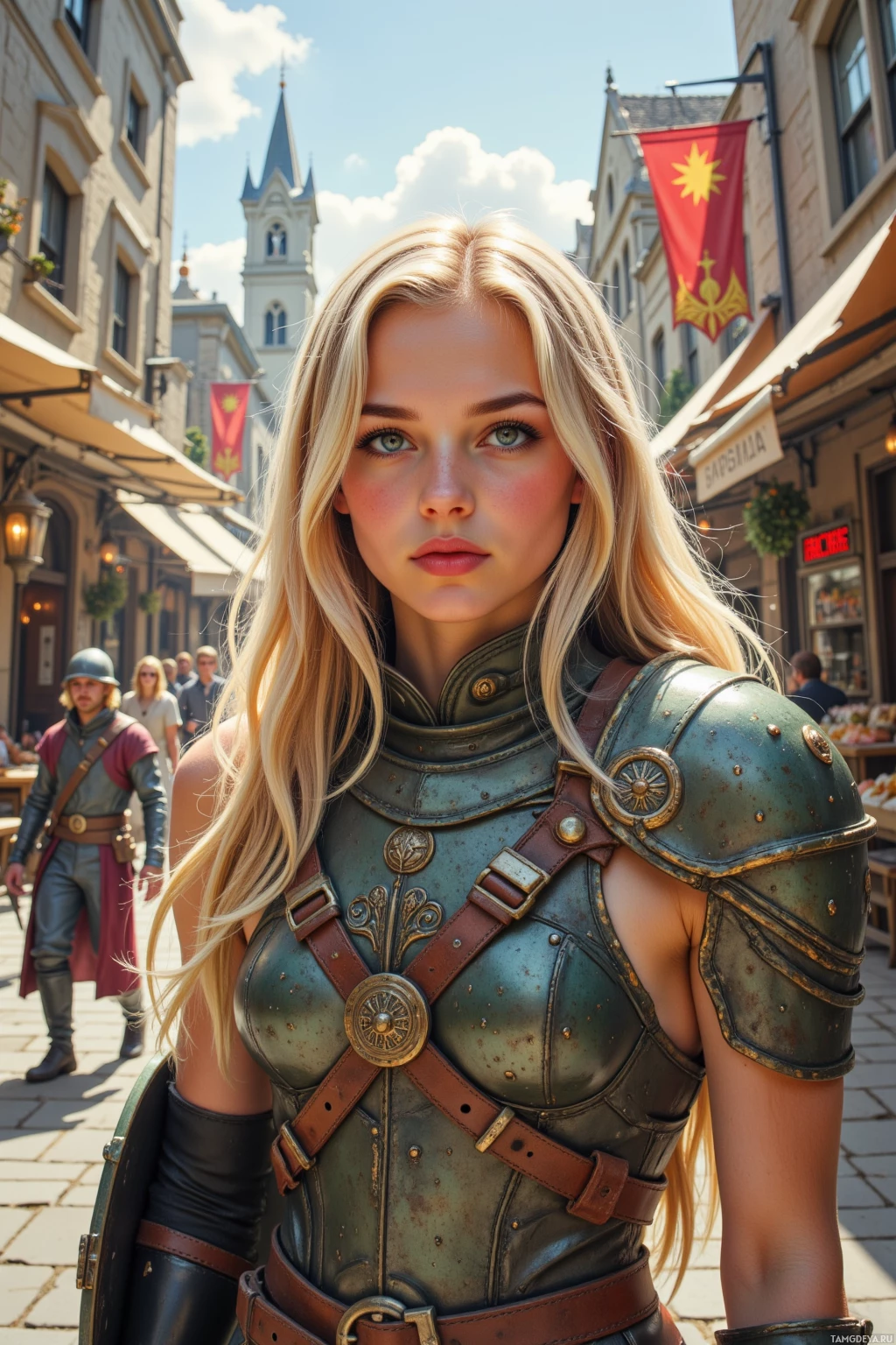 A woman in medieval armor stands in a bustling town square.