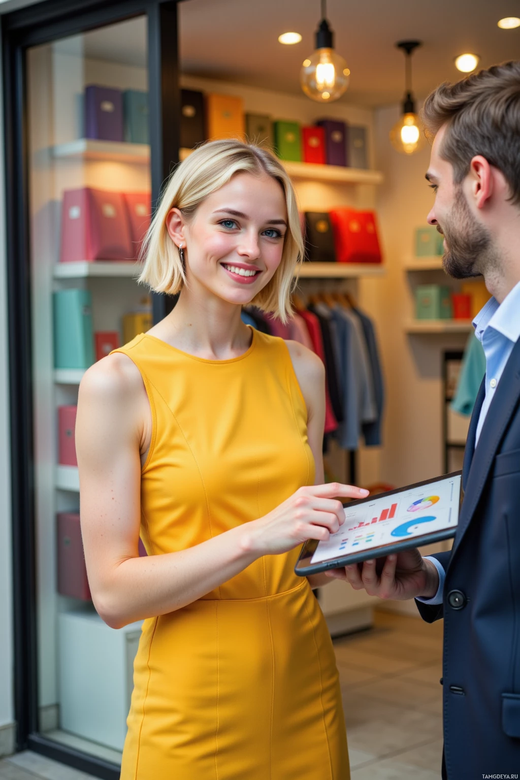 A woman in a yellow dress interacts with a man holding a tablet in a brightly lit store.