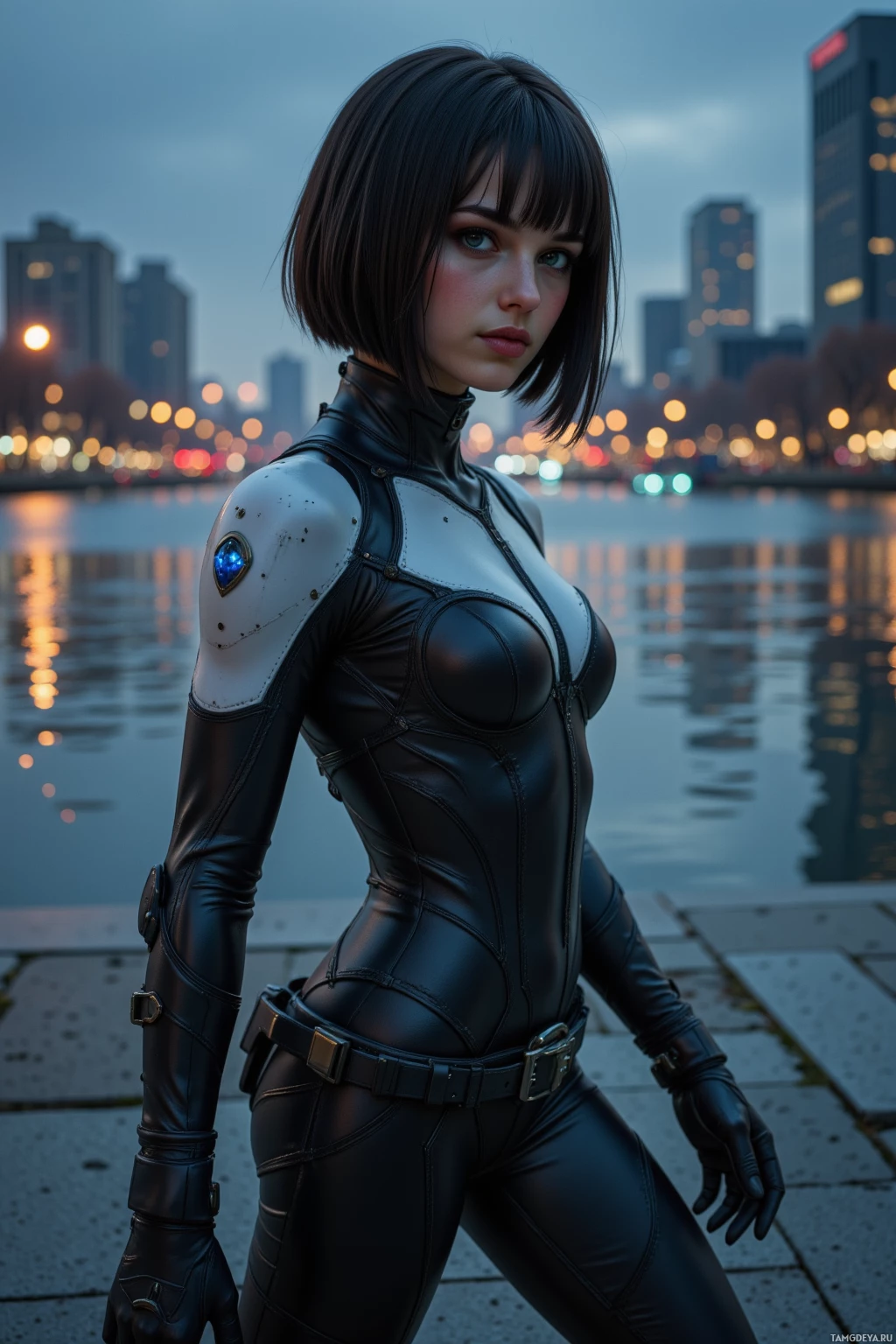A woman in a futuristic black leather outfit stands by a waterfront with a cityscape in the background.