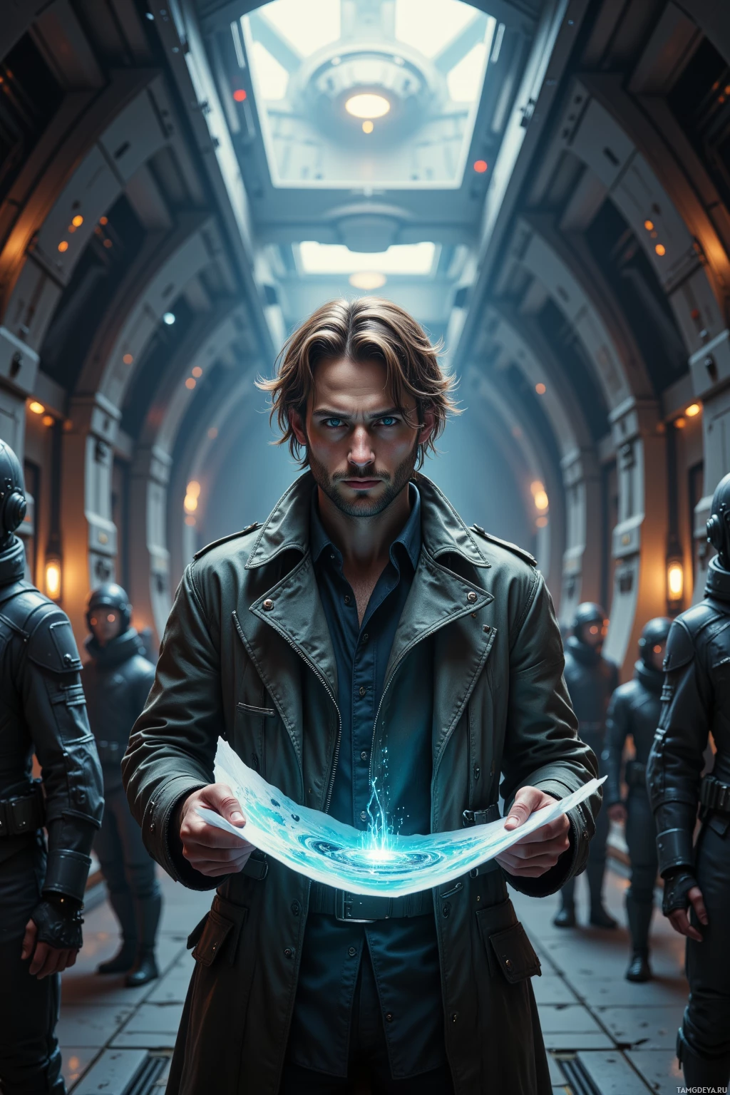 A man in a futuristic setting holds a glowing document, flanked by armored figures.
