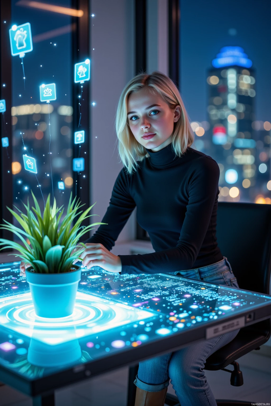 A person sits at a desk with a glowing, futuristic display and a potted plant, against a cityscape backdrop.