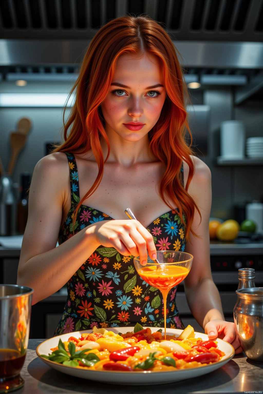 A woman in a floral dress pours a sauce over a plate of vegetables in a kitchen setting.