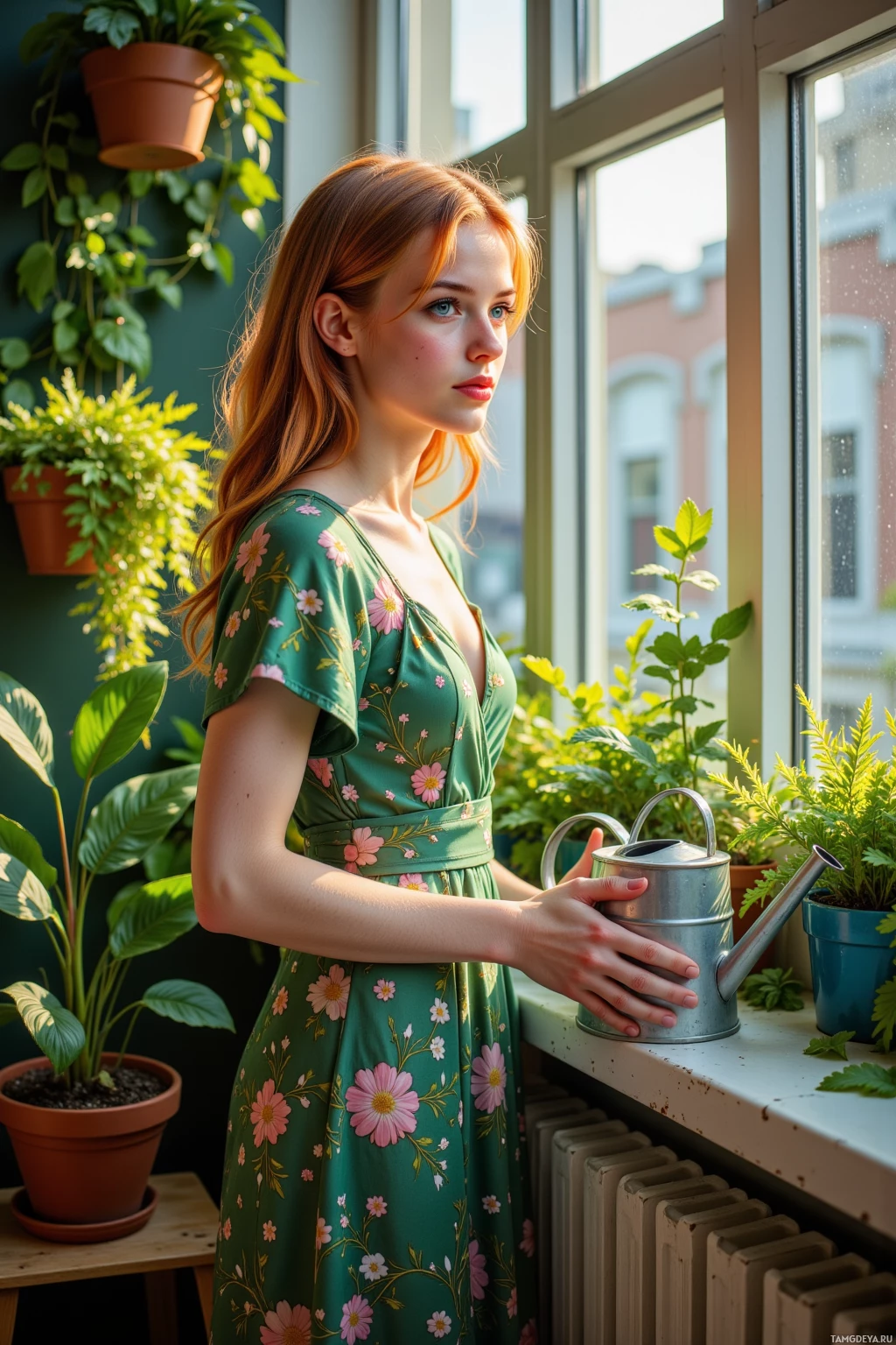 A woman in a floral dress stands by a window, holding a watering can, surrounded by potted plants.