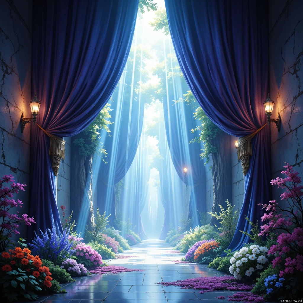 A grand, sunlit pathway framed by blue curtains and lush flowers leads to a bright, forested opening.