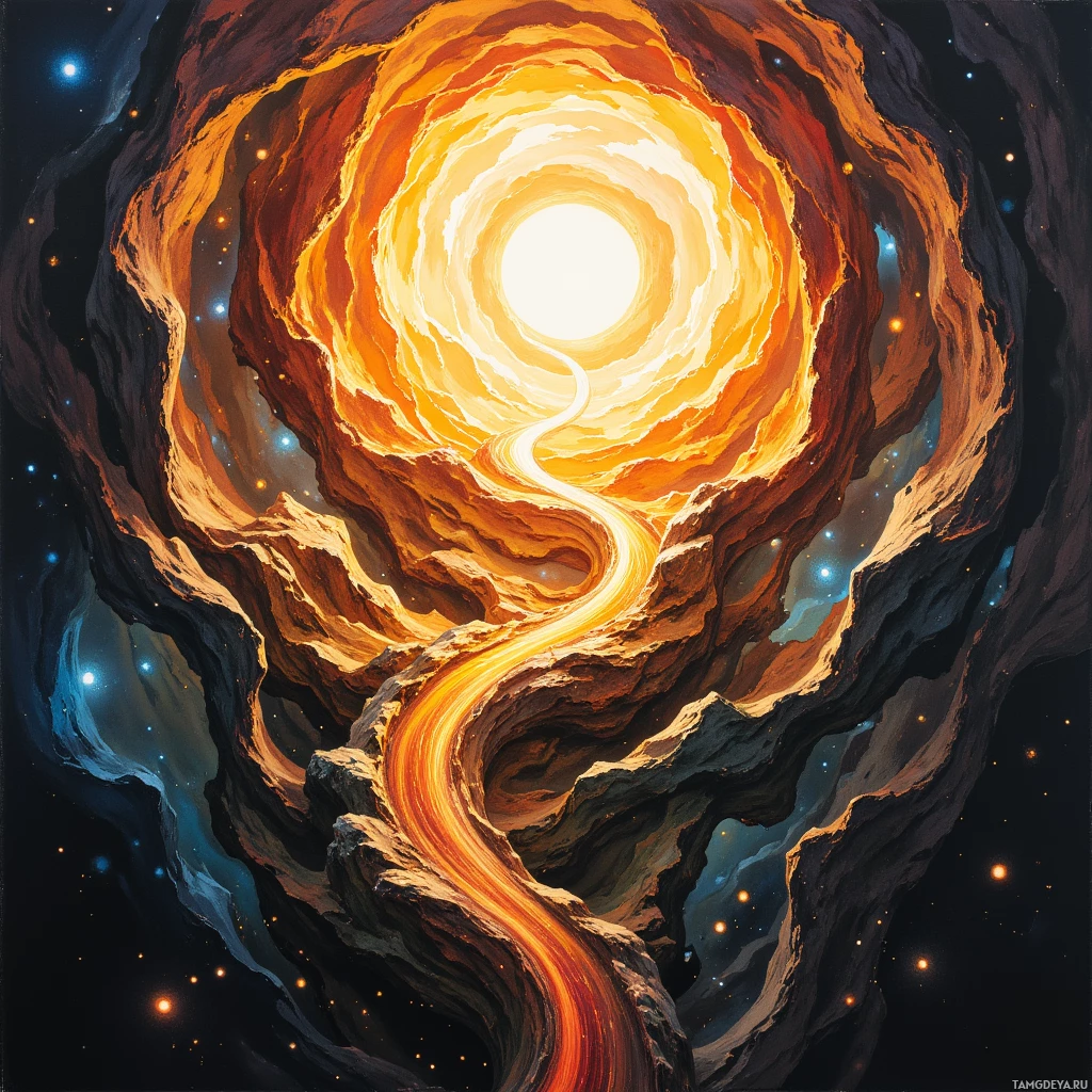 A swirling cosmic vortex with glowing orange and yellow hues against a dark starry background.