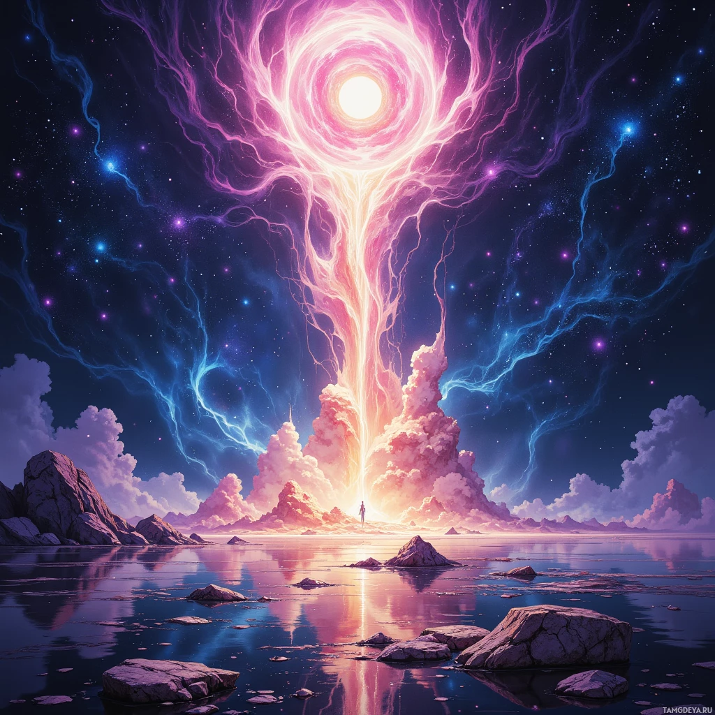 A surreal landscape featuring a glowing, ethereal tree-like structure rising from a body of water, surrounded by starry skies and rocky formations.