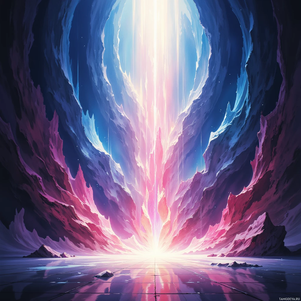 A vibrant, ethereal cave with a glowing light source at the center.