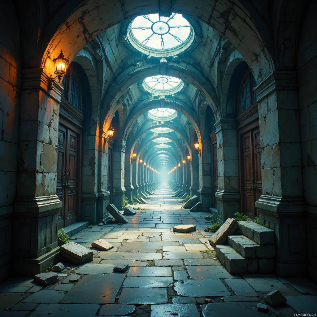 A dilapidated stone corridor with arched ceilings and broken stone paving.