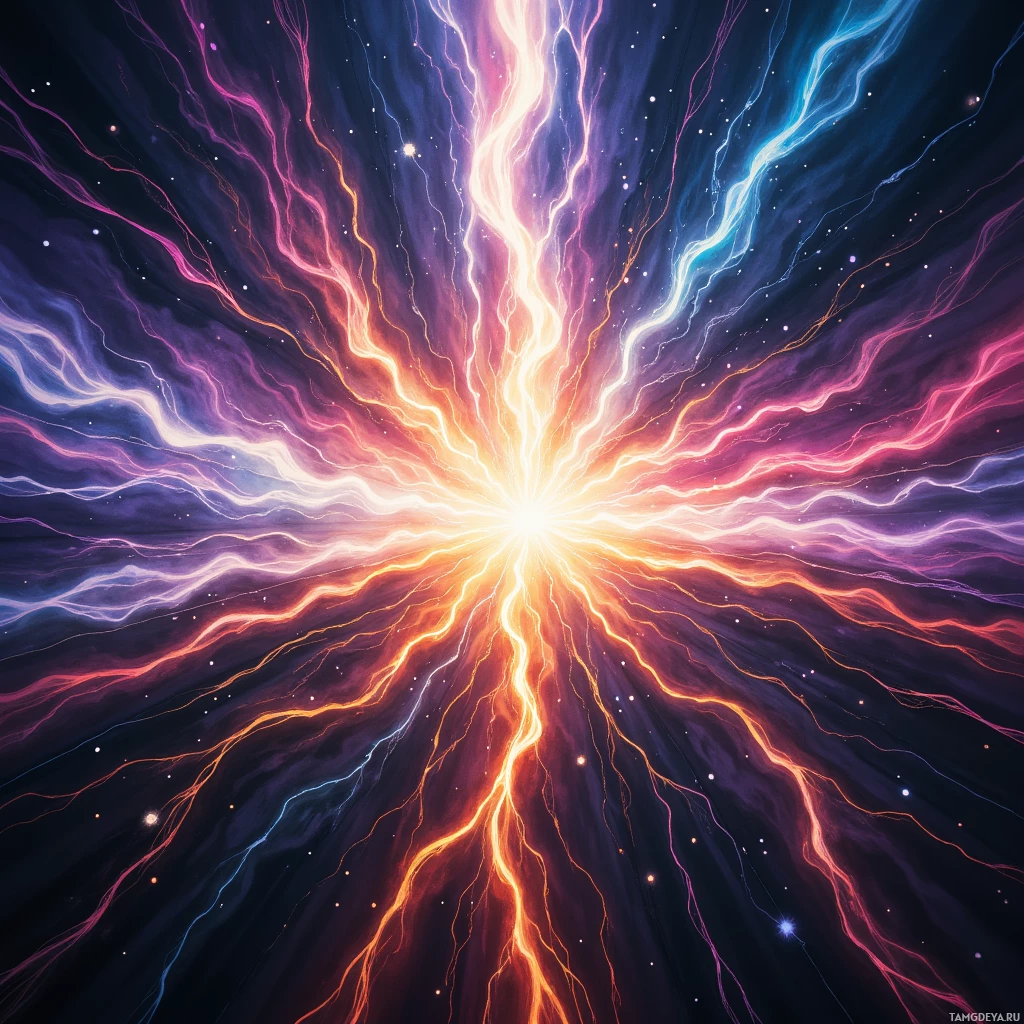 A vibrant cosmic explosion with radiating light streaks in various colors against a dark background.
