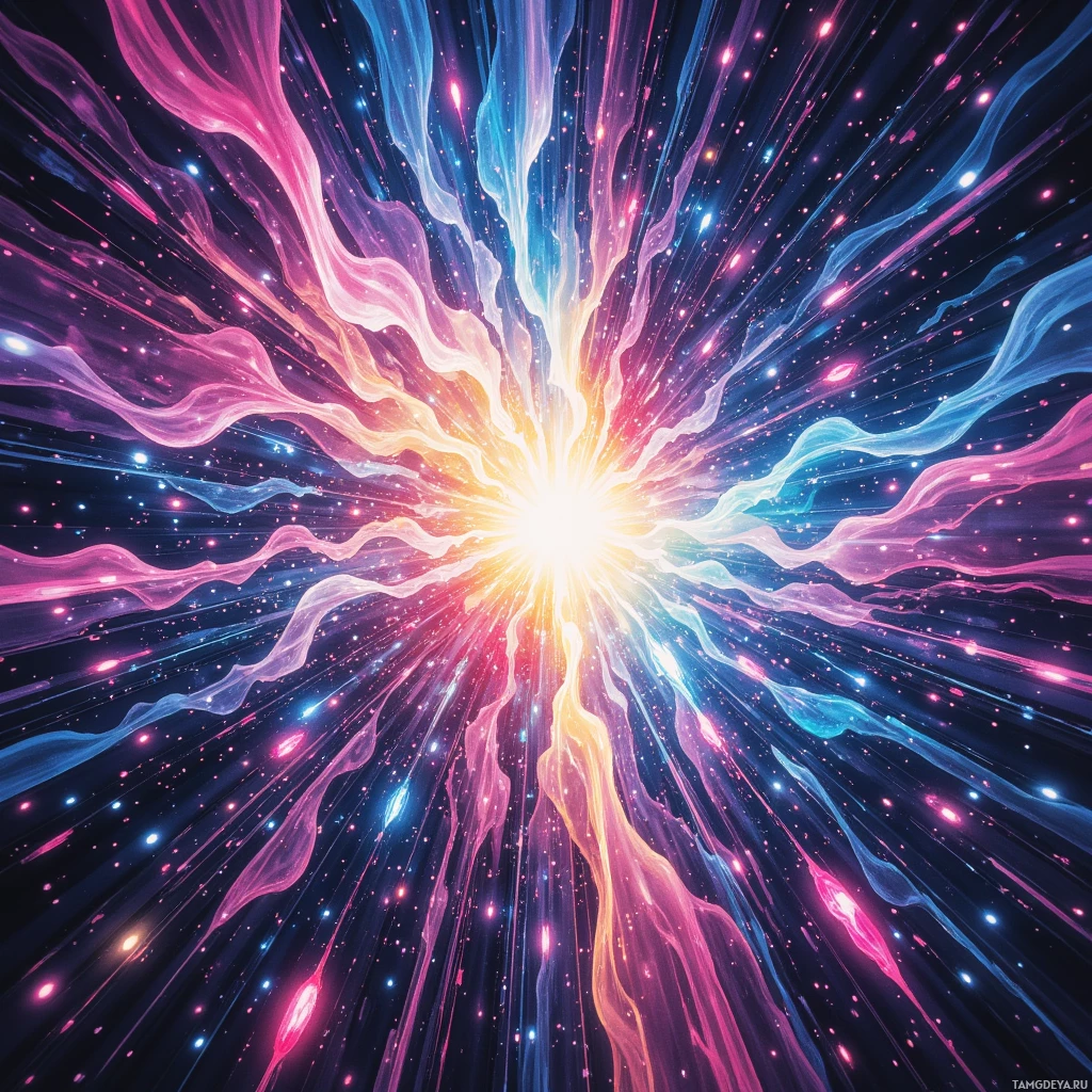 A vibrant cosmic explosion with radiant colors and star-like particles.