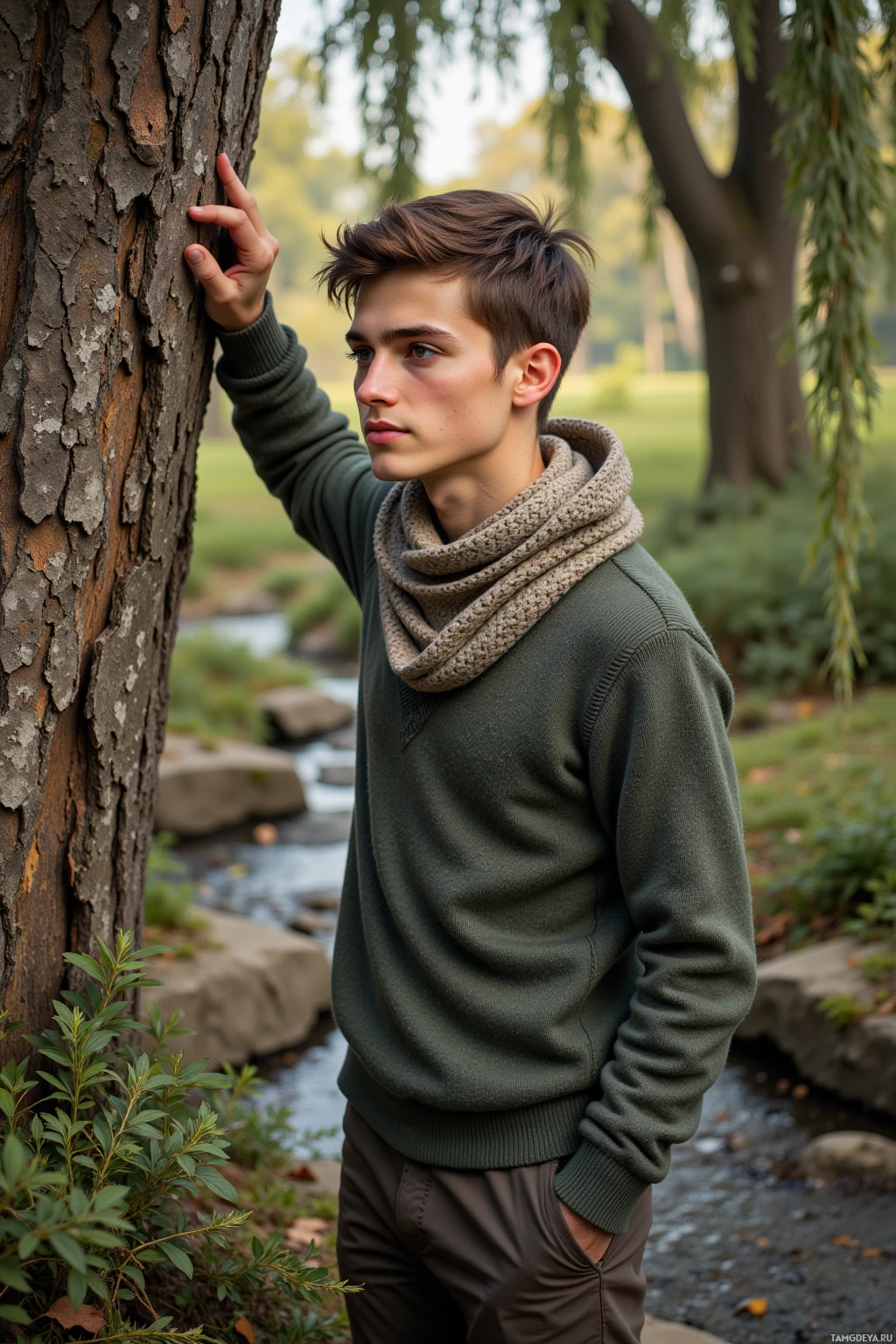 A young man stands outdoors near a tree, wearing a green sweater and scarf, with a serene background of a stream and greenery.