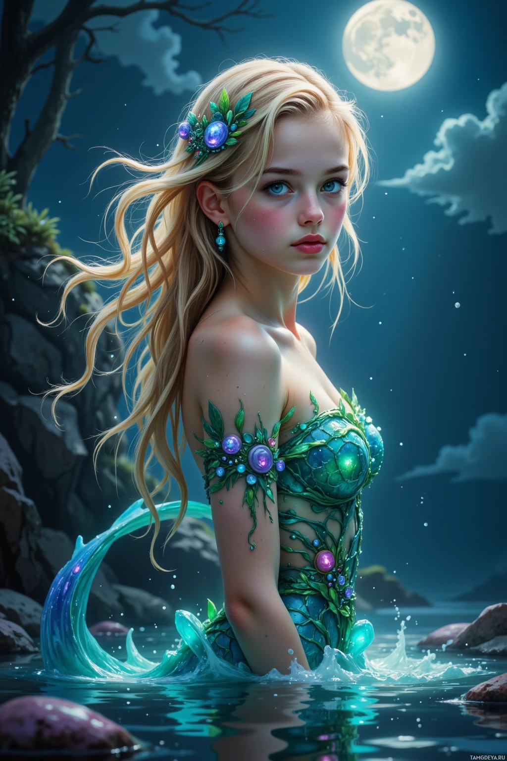 A mermaid with long blonde hair and a green, leafy tail sits in water under a full moon.