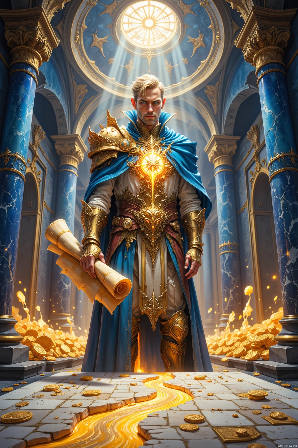 A regal figure in ornate armor and a blue cape stands in a grand, sunlit hall with golden coins and light streaming through the ceiling.