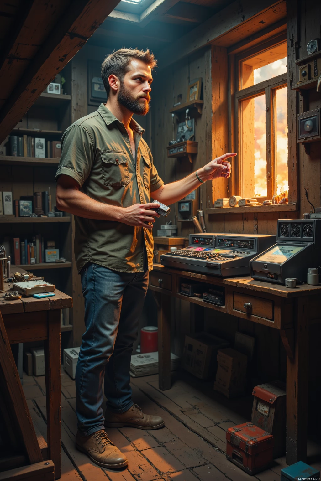 A man stands in a rustic workshop, pointing towards a window with a vintage radio and other equipment around him.