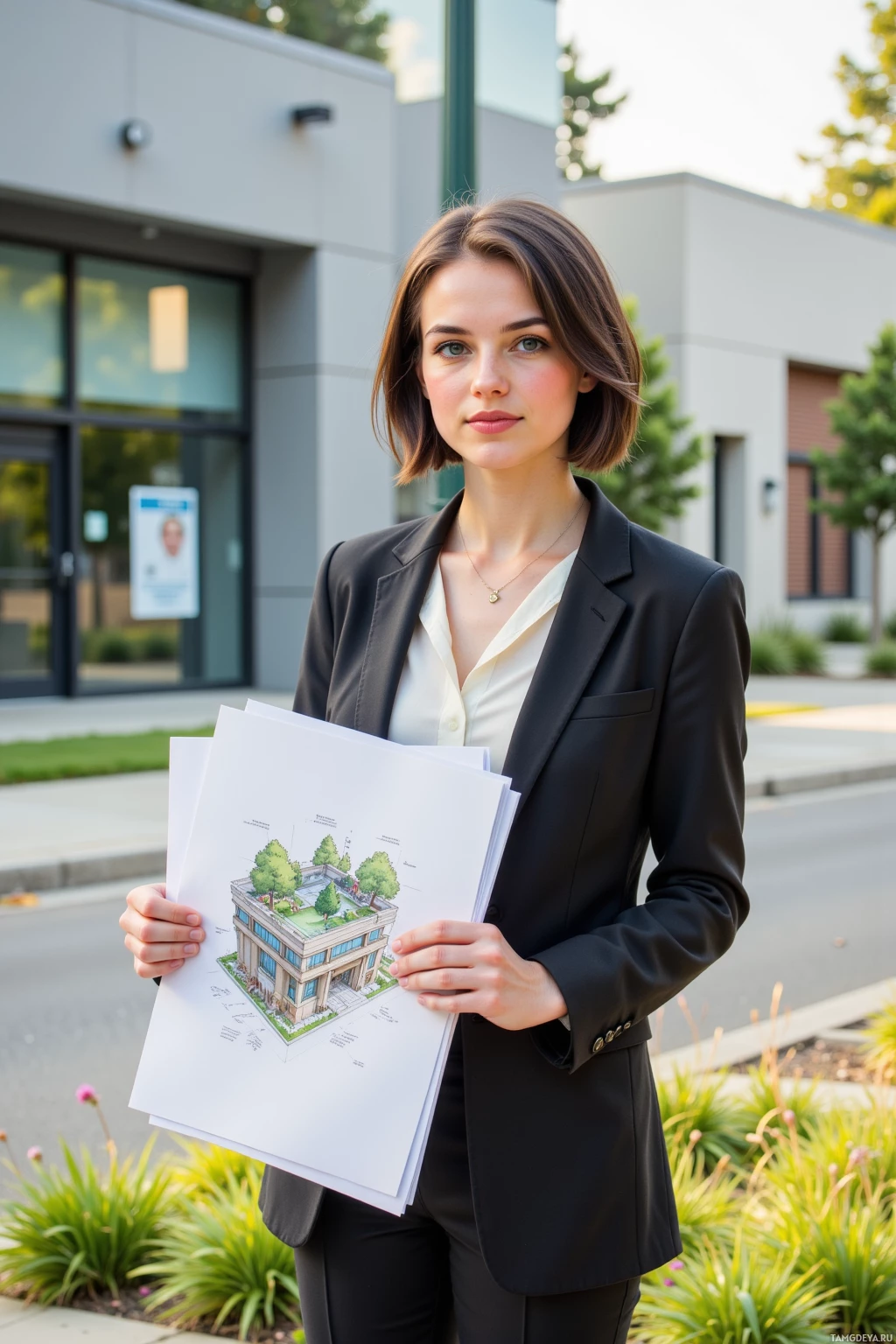 A woman in a professional outfit holds architectural drawings while standing outside a building.