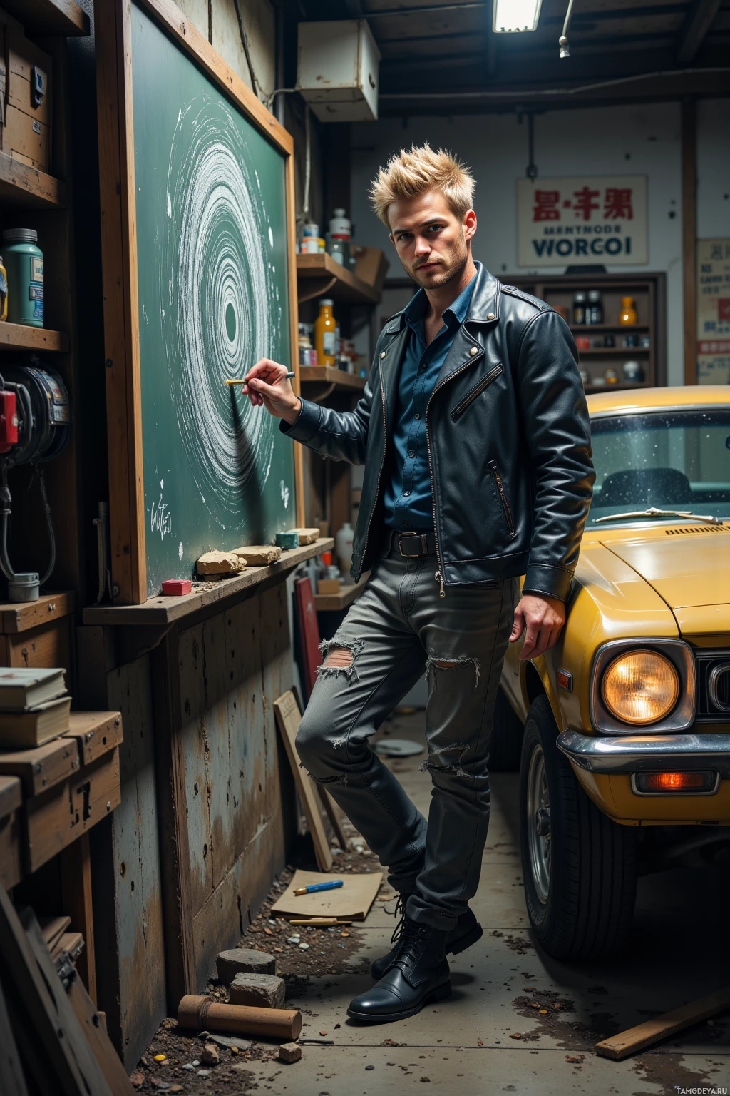 A man in a leather jacket stands in a workshop, holding a pencil near a chalkboard with a circular pattern.